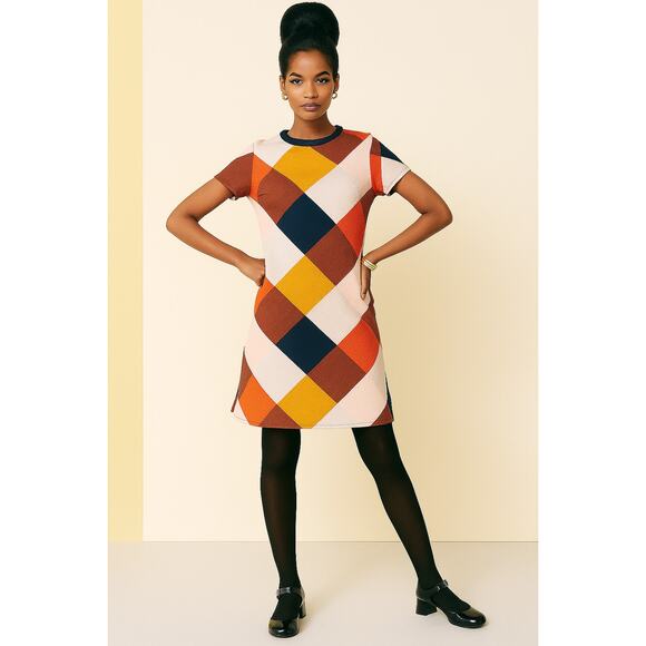 Traffic People Retro 60's Look Colorblock Short Sleeve Shift Dress Size L - Picture 1 of 7